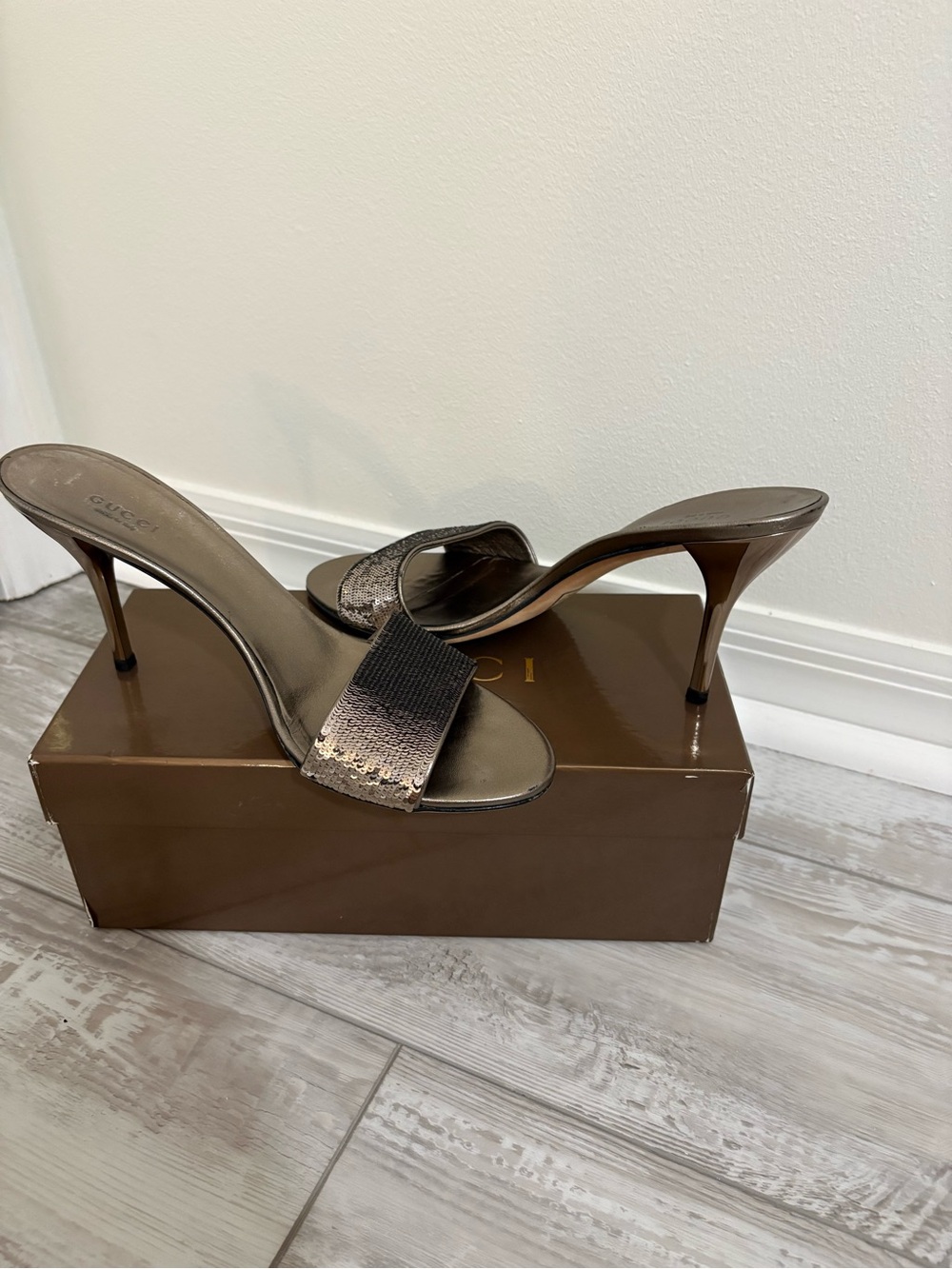 Gucci Metallic Bronze High-Heel Slide Mules